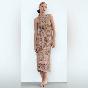 ZARA Gold Brown OPEN-KNIT METALLIC THREAD DRESS Size Small